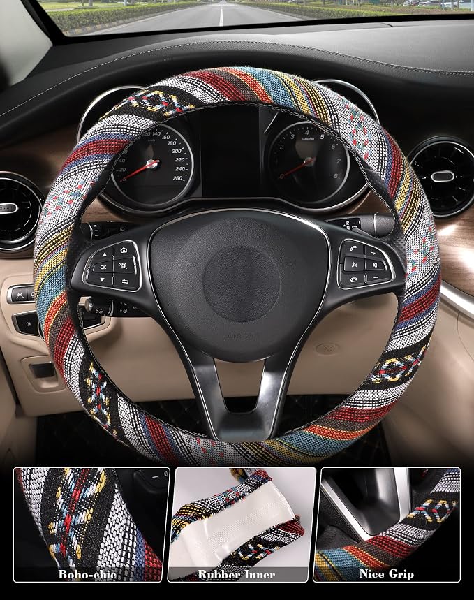 SEG Direct Boho Steering Wheel Cover with Baja Blanket Cloth, Ethnic Style Auto Wheel Cover Made of Coarse Flax, Fits 14 1/2-15 1/4 inches Car Wheel