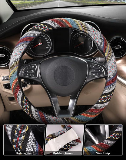 SEG Direct Boho Steering Wheel Cover with Baja Blanket Cloth, Ethnic Style Auto Wheel Cover Made of Coarse Flax, Fits 14 1/2-15 1/4 inches Car Wheel