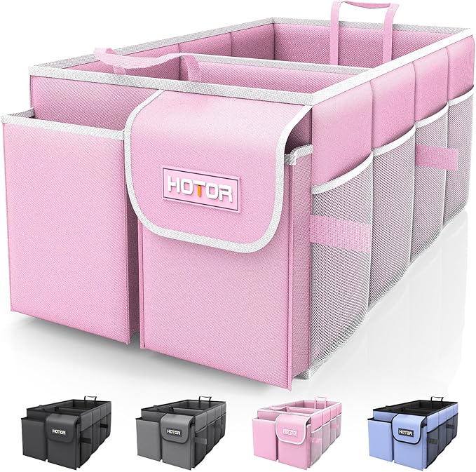 HOTOR Trunk Organizer for Car - Car Organizer, Foldable Trunk organizer for SUVs & Sedans, Sturdy Organization for Car Accessories, Tools, Sundries, Pink, 2 Compartments, 21.3"×12.6"×10.6"