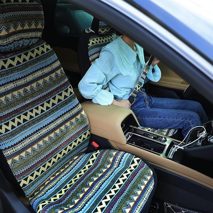 Frienda 14 Pcs Baja Car Seat Covers Full Set Multicolor Stripe Boho Print Steering Wheel Cover Seat Belt Cover Crystal Hanging Ornament Car Holders Fits (Bohemia Style)