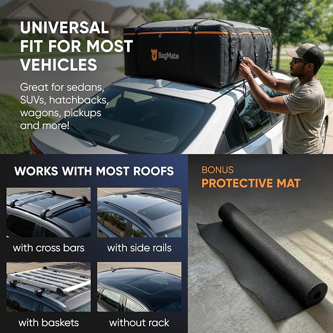23 Cubic Feet Roof Bag – Safety Tested Heavy-Duty Waterproof Rooftop Cargo Carrier for All Cars & SUVs (with or Without Rack) – Includes Protective Mat & Storage Bag – Military-Grade 840D PVC