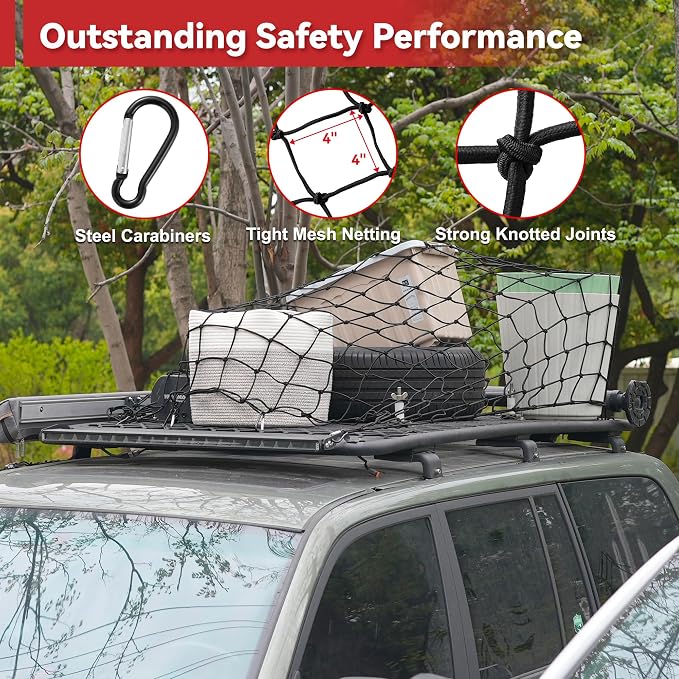 Reniteco Heavy-Duty 4'x6' Cargo Net Stretches to 8'x12' - Secures Heavy Loads with 12 Metal Carabiners, 4"x4" Mesh, Weather-Resistant & Includes Storage Bag for Trucks, SUVs, Jeeps, Trailers & Boats
