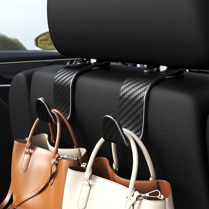 Amooca 4-Pack Car Headrest Hooks Vehicle Storage Organizer for Purses Handbags Groceries Coats –Holds 55lbs 360° Rotating Simple Design Black Checkered