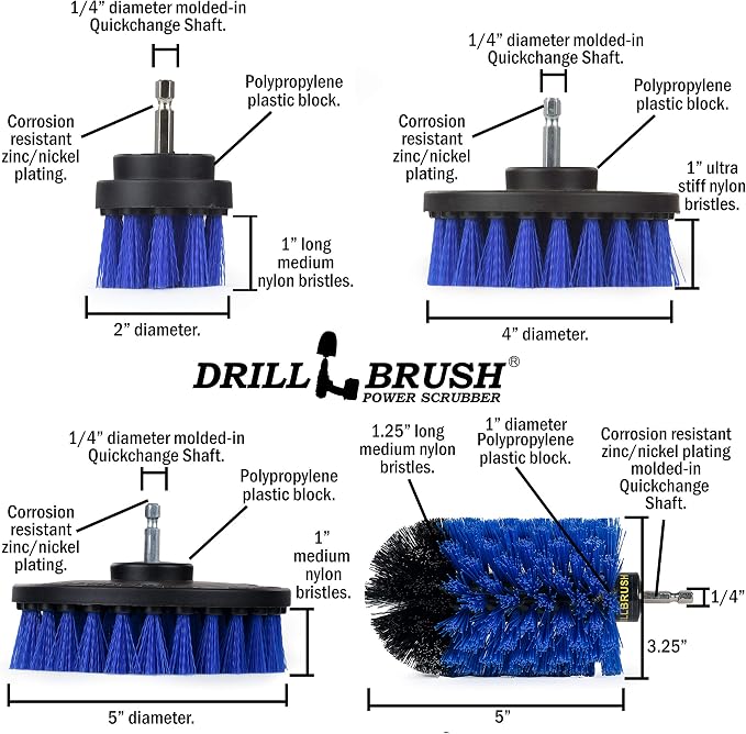 Grout Cleaner Kit - Bathroom Drill Brush Attachment Set - Household Cleaning Supplies - Shower Cleaner - Tub Scrubber - Toilet Brush - Spotless Tiles - Power Scrubbing Nylon Bristles