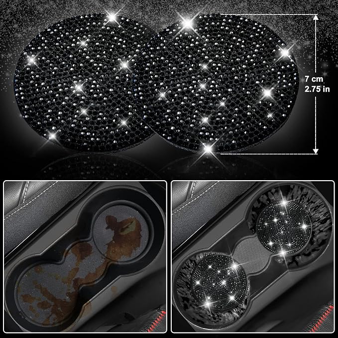 CAR PASS 11 PCS Bling Diamond Car Accessories for Women, Sparkly Rhinestone Steering Wheel Cover, Bling Seat Belt Cushion, Glitter Shift Knob Cover, Car Cup Holder Coaster, Cute Interior Sets Black