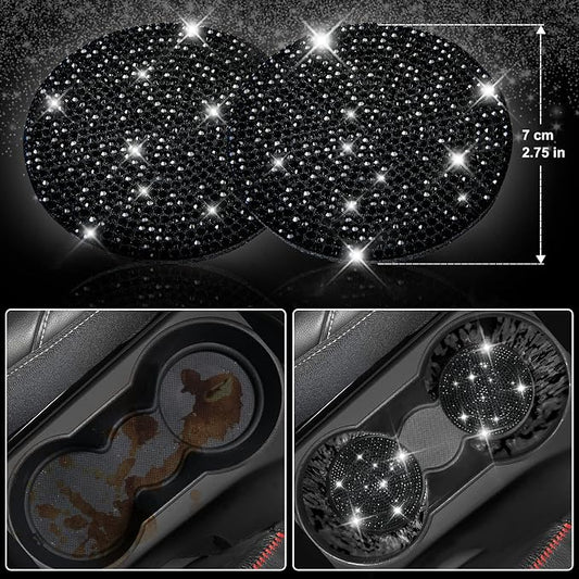 CAR PASS 11 PCS Bling Diamond Car Accessories for Women, Sparkly Rhinestone Steering Wheel Cover, Bling Seat Belt Cushion, Glitter Shift Knob Cover, Car Cup Holder Coaster, Cute Interior Sets Black