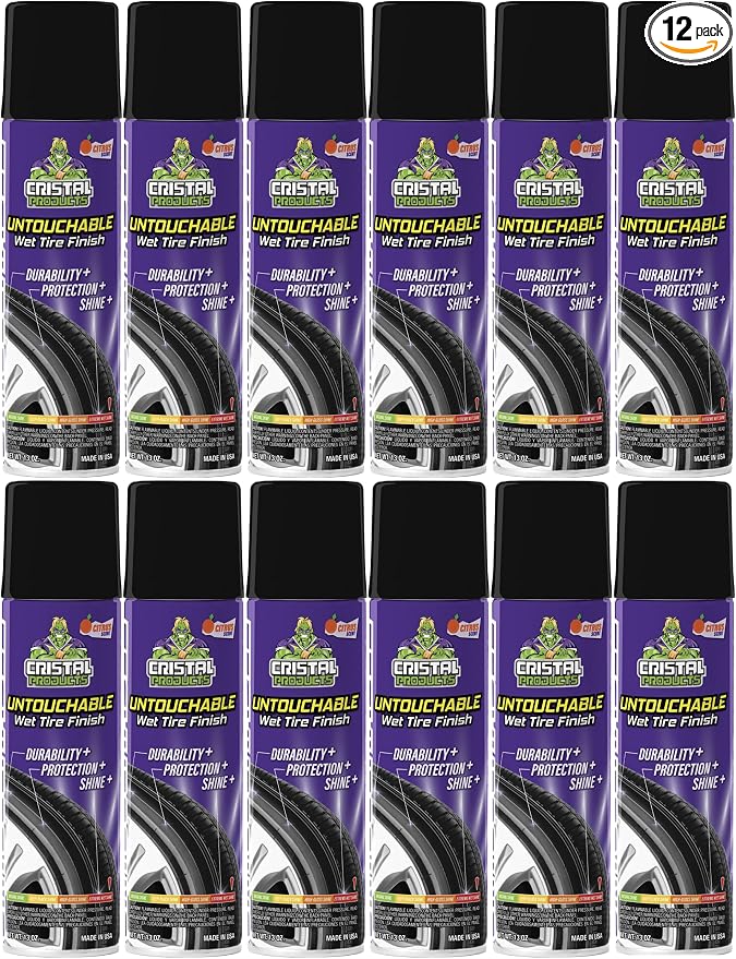 Cristal Products Untouchable Tire Shine Spray (12 Pack) – Citrus Scent, Wet Look Tire Shine, No Sling, Long Lasting Car Tire Shine, No Touch Application