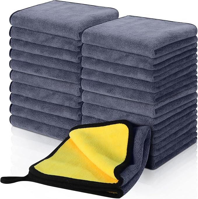 Nuenen 20 Pcs Microfiber Car Drying Towels Microfiber Cleaning Cloth 800 GSM Thick Plush Cleaning Dusting Cloth Auto Detailing Absorbent Towels Rags for Car Household Kitchen Window(Grey and Yellow)