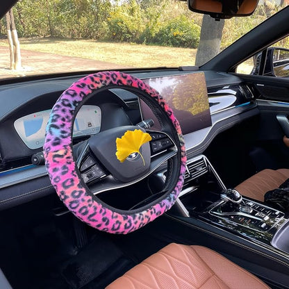 Cheetah Fuzzy Steering Wheel Cover, Girly Steering Wheel Cover, Cute Fluffy Furry Leopard Wheel Protector, Women Girl Car Christmas Decor Fit D-Shape O-Shape 14.5" to 15"