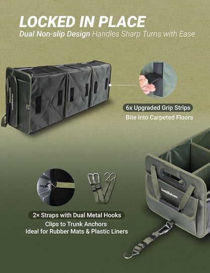 Heavy Duty Trunk Organizer with Lid for Car SUV-1680D Water-Resistant Fabric &3.5mm PP Skeleton,Collapsible Cargo Storage Box with No Sliding Metal Hooks,Fits Tesla,Truck,Sedan (XL Green