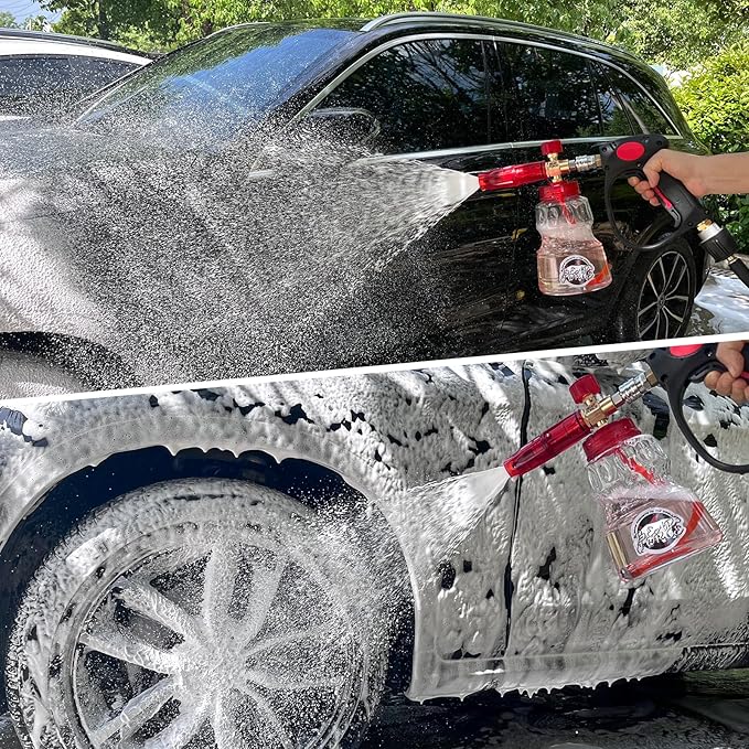 BEAR FORCE Pressure Washer Brass Foam Cannon Foam Generator Snow Foam Lance with 1/4” Quick Connector & 1.25mm & 1.10mm Orifice Nozzle, 360° Adjustable Thicker Snow Foam with 32 oz Soap Car Wash