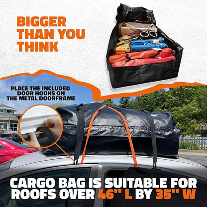 Mockins 16 Cu Ft Weatherproof No Rack Rooftop Cargo Carrier Bag 45"x34"x18" | Rooftop Cargo Bag for Top of Car | Car Topper Luggage Carrier Waterproof Set w/ Accessories | Vehicle Soft-Shell Carriers