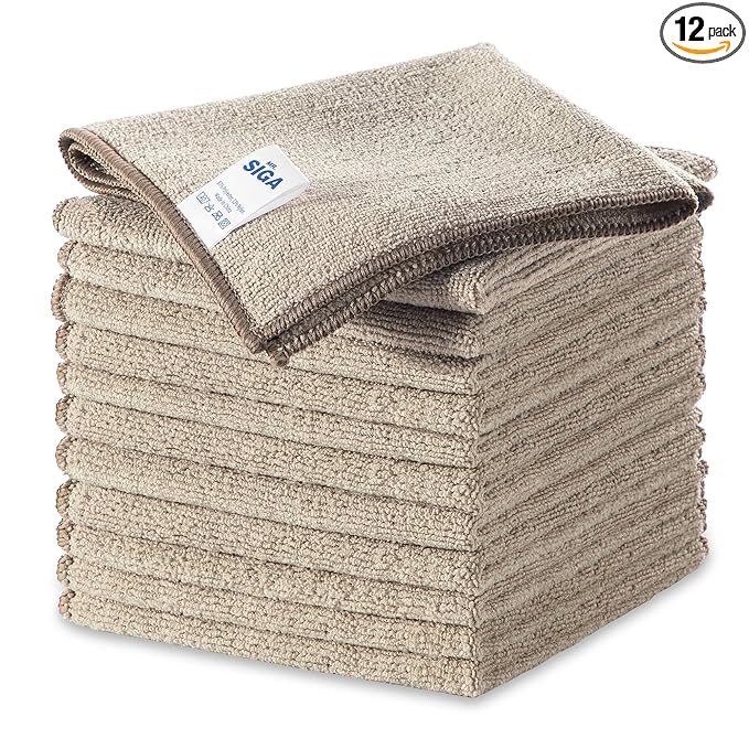 MR.SIGA Microfiber Cleaning Cloths, All-Purpose Surface Microfiber Towels, Streak Free Cleaning Rags, Pack of 12, Wheat, Size 32 x 32 cm(12.6 x 12.6 inch)