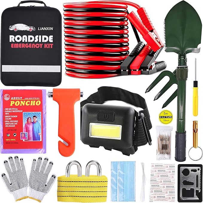 LIANXIN Emergency Car Kit,Automotive Safety Kits with Jumper Cables, Safety Hammer | Premium Roadside Assistance Kit for Cars Gifts for New Drivers Headlamp, folding shovel,for travel and roadside emergencies