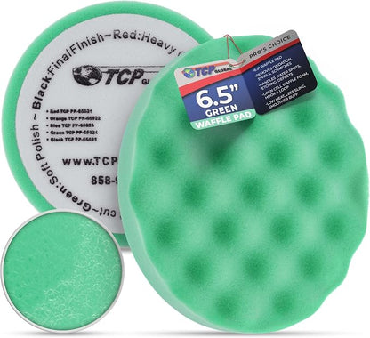 TCP Global 6.5" Green Waffle Foam Buffing Pad Hook and Loop Backing - Soft Pad for Polishing, Automotive, Marine, Truck, RV & Compound Cutting, Car Polishing Pads