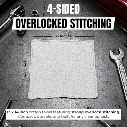 Auto Mechanic Shop Towels (13"x14"), 12 Pack (White) - 100% Cotton Commercial Grade Rags for Cleaning & Maintenance, Garage Supplies - Professional Mechanics Reusable Wipes