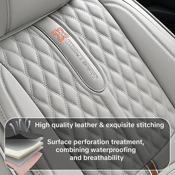 Light Gray Car Seat Covers, Universal Fit for Most Vehicles, Premium Waterproof Leather, Pet-Friendly Car Seat Covers with Lumbar Support, Slip-Resistant, Airbag-Compatible, Protects Car Interior