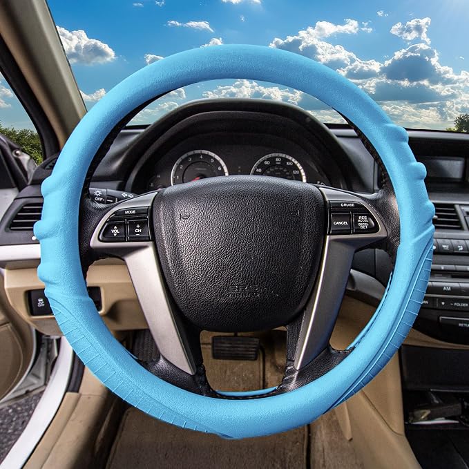 FH Group Universal Fit Silicone with Grip and Pattern Massaging Grip Steering Wheel Cover fits most Cars, SUVs, Trucks, and Vans Light Blue