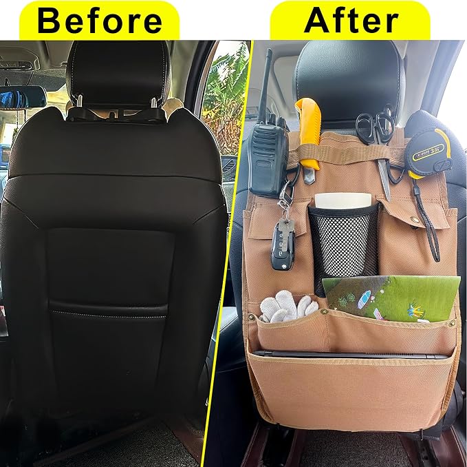 Car Seat Back Organizer with Multiple Pockets and Hooks (brown)