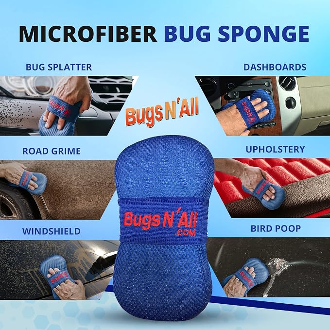 Bugs N’ All Bug Sponge - Bug and Tar Remover for Car Exterior and Interior - Ultra Soft Mesh Car Wash Sponge for Scratch Free Scrubbing - 8.25 by 4.75 inch, 1 Pack