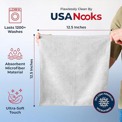 USANOOKS Microfiber Cleaning Cloth - White - 24Pcs (12.5x12.5 inch) High Performance - 1200 Washes, Ultra Absorbent Car Towel Traps Grime & Liquid for Streak-Free Mirror Shine - Car Washing Cloth