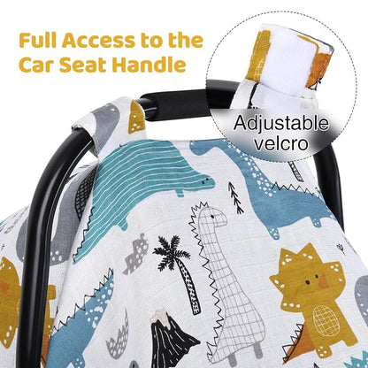 Rquite Baby Boy Car Seat Cover, 100% Muslin Cotton Infant Carseat Canopy, Soft Breathable Stroller Sun Shade & Newborn Shower Gift, Large Size Universal Fit Summer, Hot & Warm Weather (Blue Dinosaur)