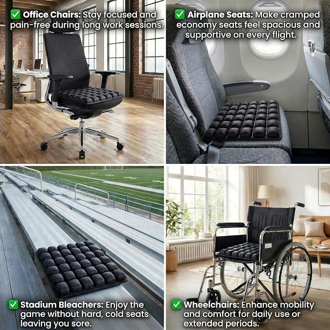 Inflatable Seat Cushion – Breathable, Pressure-Relieving Air Cushion, No Pump Needed, Ideal for Airplane Travel, Office, Car, Wheelchair & Camping – Lightweight, Foldable & Portable (Black)