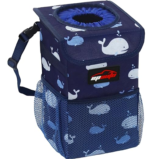 EPAuto Waterproof Car Trash Can with Lid and Storage Pockets, 1.8 Gallon, Blue