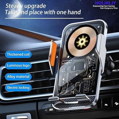 Wireless Car Phone Mount, 15W Fast Charging Car Phone Holder Charger Auto-Clamping 360 Dgrees Rotation Adjustable Air Vent Phone Mount Car Charger with luminous Logo for iPhone 16 15 14 13 S24 S23 S22