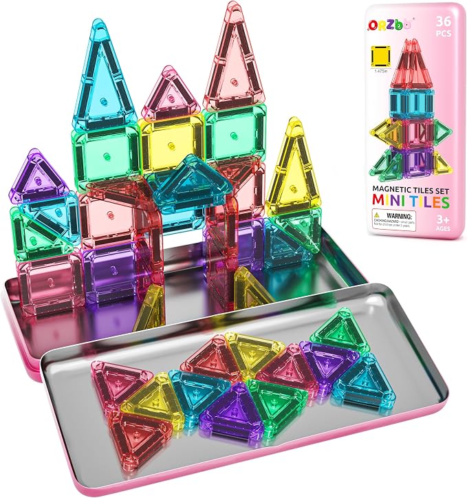 ORZbb Mini Magnetic Tiles Toddler Travel Essentials Set with Case, Magnetic Blocks Building Montessori Educational Learning Sensory Preschool Toys for 3+ Year Old Boys Girls Birthday Gifts