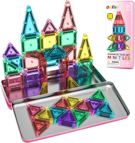ORZbb Mini Magnetic Tiles Toddler Travel Essentials Set with Case, Magnetic Blocks Building Montessori Educational Learning Sensory Preschool Toys for 3+ Year Old Boys Girls Birthday Gifts