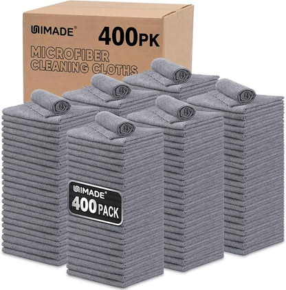 UNIMADE Microfiber Cleaning Cloth, 400 Pack Microfiber Towels for Cars Commercial Grade Work Rags Bulk Detailing Cloth for Automotive Bar Mechanic Restaurant Garage Housekeeping, 11.5"x 11.5", Grey
