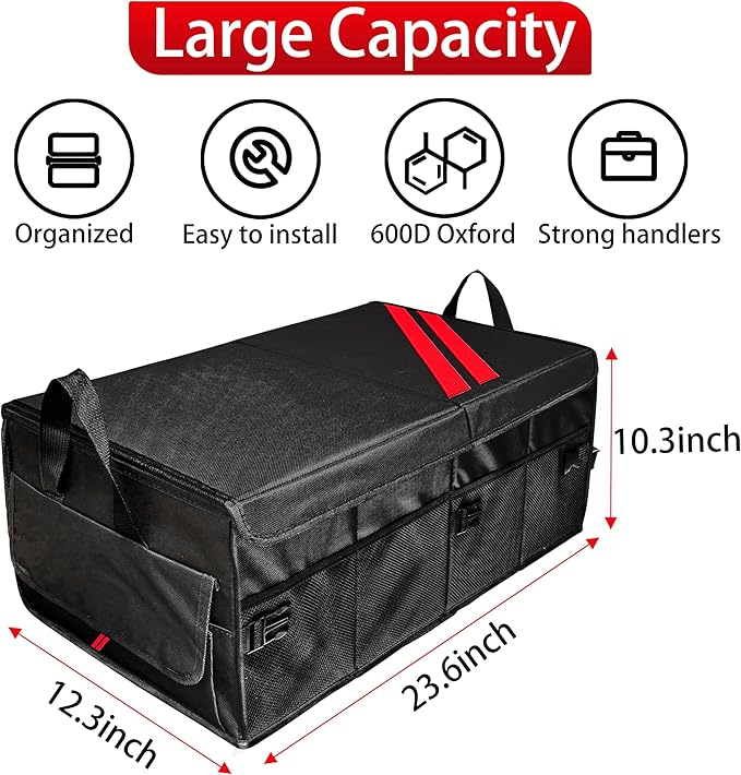 YOSRTER Car Trunk Organizer for Dodge Charger Durango Challenger Ram Collapsible Storage Box with Handle Foldable Lid Non Slip Bottom 2 Compartment Sturdy Base Panel for Dodge Accessories(Red Trim)