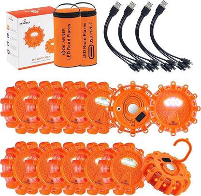 LED Road Flares 6Pack Roadside Emergency car kit Emergency Road Flares Kit with Magnetic Base for Vehicles & Boat | 9 Flash Modes(with Batteries) (12pack rechargeable)
