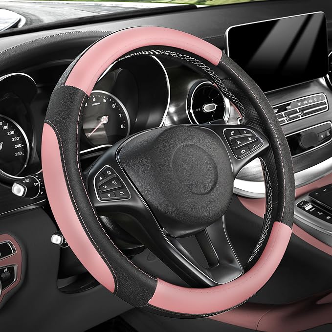 SEG Direct Steering Wheel Cover for Car, Standard Size 14.5-15 inch, Auto Interior Accessories, Black and Pink