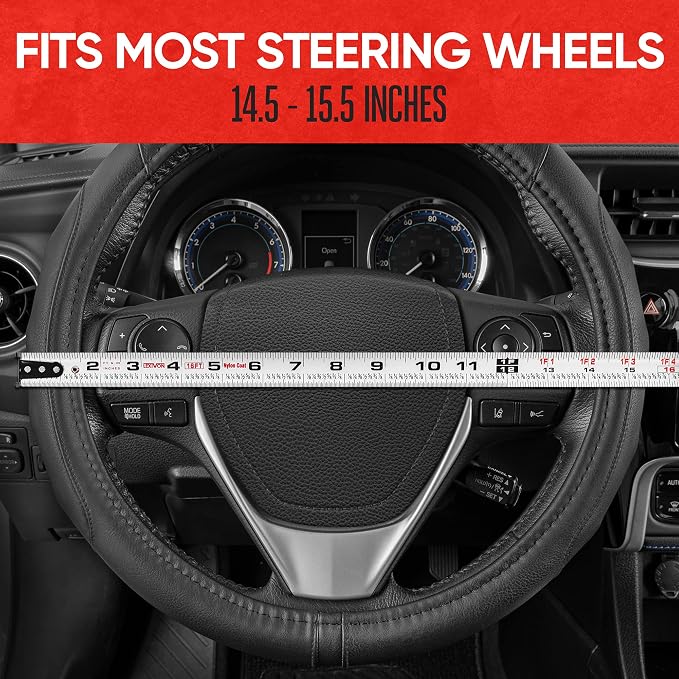 Motor Trend GripDrive Faux Black Leather Steering Wheel Cover for Car Truck Van SUV, Standard 15 inch Size, Solid Black Stitched Car Steering Wheel Cover Vehicle & Auto Accessories
