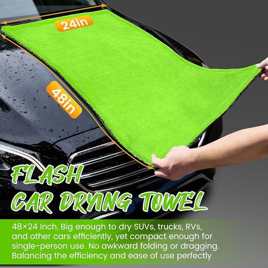 PUGPIU Microfiber Car Drying Towel Extra Large Super Absorbent 48"X24", 1400 GSM Flash Detail Car Wash Drying Towel Edgeless with Two Sided Soft Twisted-Loop, No Water Spots Streaks for Cars (Green)