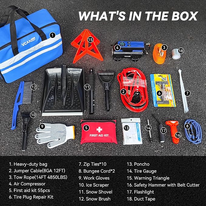 Car Emergency Safety Kit Bag with Digital Air Compressor,Jumper Cables,First Aid Kit, Winter Vehicle Roadside Safety Kit with Detachable Snow Shovel, for Women, Men, Teen