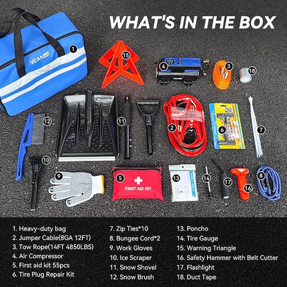 Car Emergency Safety Kit Bag with Digital Air Compressor,Jumper Cables,First Aid Kit, Winter Vehicle Roadside Safety Kit with Detachable Snow Shovel, for Women, Men, Teen