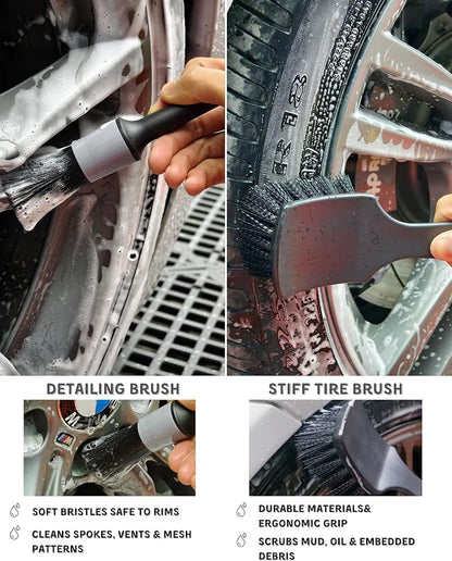 oesee 7PCS Pro-Grade Wheel Cleaning Kit: Long Handle Soft Wheel Brushes, Detailing Brush, Tire Scrubber, Wash Mitt, Hex-Logic Applicator & Microfiber Towel for Deep Car Detailing