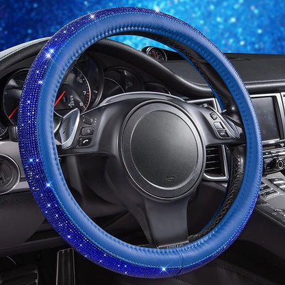 CAR PASS Bling Diamond Leather Steering Wheel Cover, with Bling Sparkly Crystal Glitter Rhinestones Universal Fit 14" 1/2-15" Car Wheel Protect for Women Girl Fit Suvs,Vans,Sedans,Cars,Trucks, Blue