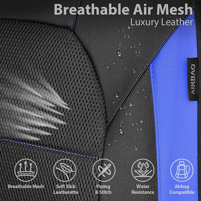 CAR PASS Leather seat Covers,Automotive Universal Sport car seat Cover Super 5mm Composite Sponge Inside,Airbag Compatible fits Most Cars, SUVs, Trucks, and Vans (Full Set,Black and Blue)