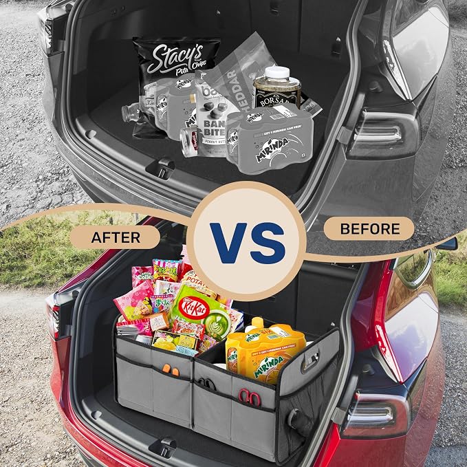YSSOA Trunk Organizer for Car/SUV/Truck, Collapsible 2 Compartment Automotive Storage Box, 600D Waterproof Oxford Polyester 50L Travel Accessories, Anti-slip & Leak-proof, Grey (Pack of 2)