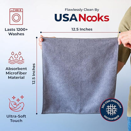 USANOOKS Microfiber Cleaning Cloth Grey - 24 Pcs (12.5"x12.5") - High Performance - 1200 Washes, Ultra Absorbent Microfiber Towel Weave Grime & Liquid for Streak-Free Mirror Shine - Car Washing Cloth