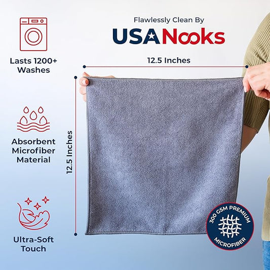 Microfiber Cleaning Cloth Grey - 100 Pcs (12.5"x12.5") - High Performance - 1200 Washes, Ultra Absorbent Microfiber Towel Weave Grime & Liquid for Streak-Free Mirror Shine - Car Washing Cloth