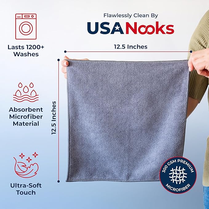 USANOOKS Microfiber Cleaning Cloth Grey - 12 Pcs (12.5"x12.5") - High Performance - 1200 Washes, Ultra Absorbent Microfiber Towel Weave Grime & Liquid for Streak-Free Mirror Shine - Car Washing Cloth