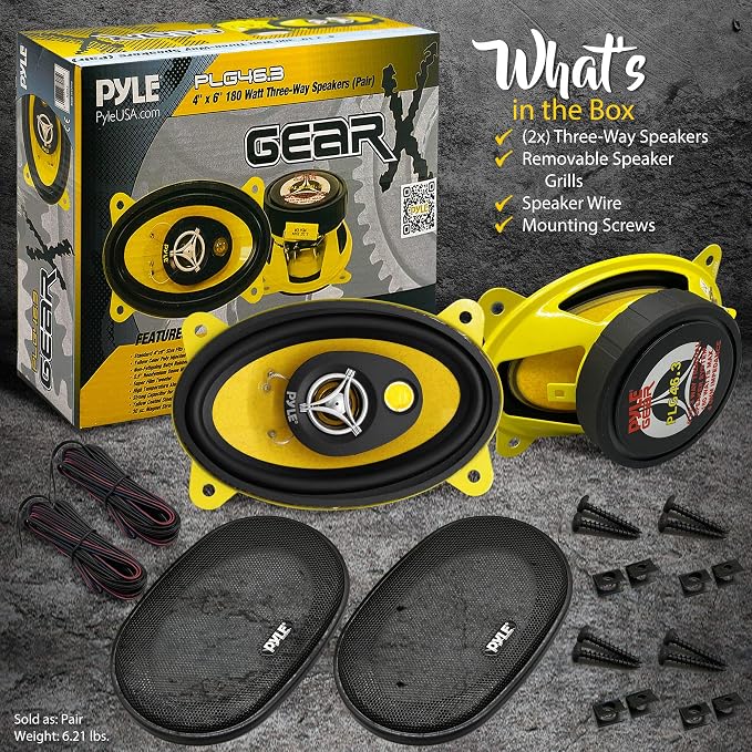 Pyle Car Three-Way Speaker System-Pro 4x6Inch 180W 4Ohm Mid Tweeter Component Audio Sound Speakers For Car Stereo w/30Oz Magnet Structure, 2” Mount Depth Fits Standard OEM-PLG46.3 (Pair),Black/Yellow