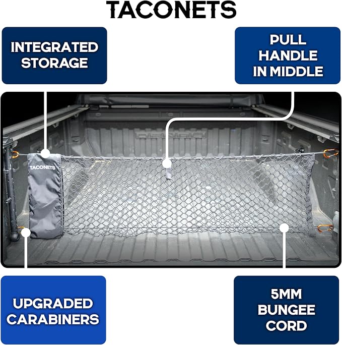 TacoNets Envelope Cargo Net for GMC Sierra & Chevy Silverado - Fits 2013-Current - Upgraded 5mm Bungee - Integrated Storage Bag - Heavy Duty Carabiners - Designed in USA