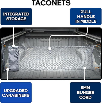 TacoNets Envelope Cargo Net for GMC Sierra & Chevy Silverado - Fits 2013-Current - Upgraded 5mm Bungee - Integrated Storage Bag - Heavy Duty Carabiners - Designed in USA