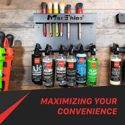 Maxshine Universal Brush & Trigger Bottle Holder (2-Pack) – Wall-Mount Organizer Holds 20 Brushes & 12 Spray Bottles – Black Powder-Coated Metal Rack for Garage, Auto Detailing Shop & Car Care Storage